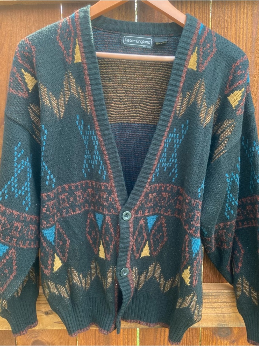 Peter England Black Cardigan with Blue, Yellow & Rust Geometric Motif